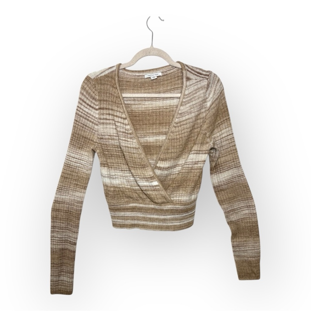 American Eagle Beige Ribbed Wrap Sweater Fitted Surplice Top Women’s Large